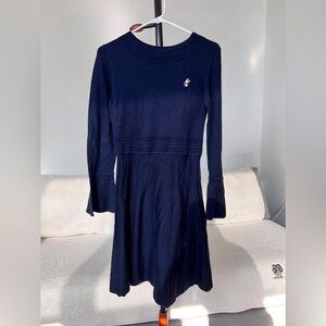 E.Land Navy Blue Knit Dress with Flared Sleeves and Adorable Corgi Pin - Size 16